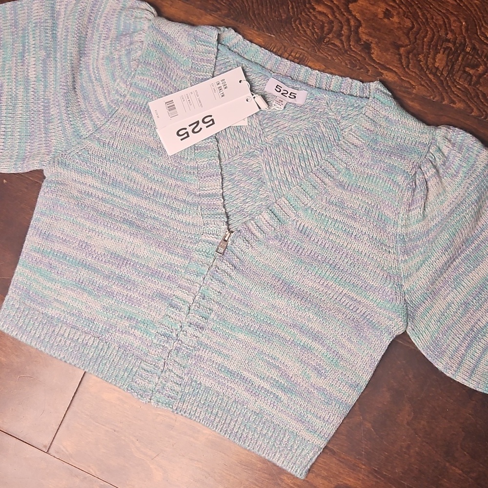525 America Lattice V-Neck Cardigan In Cyan Multi NWT